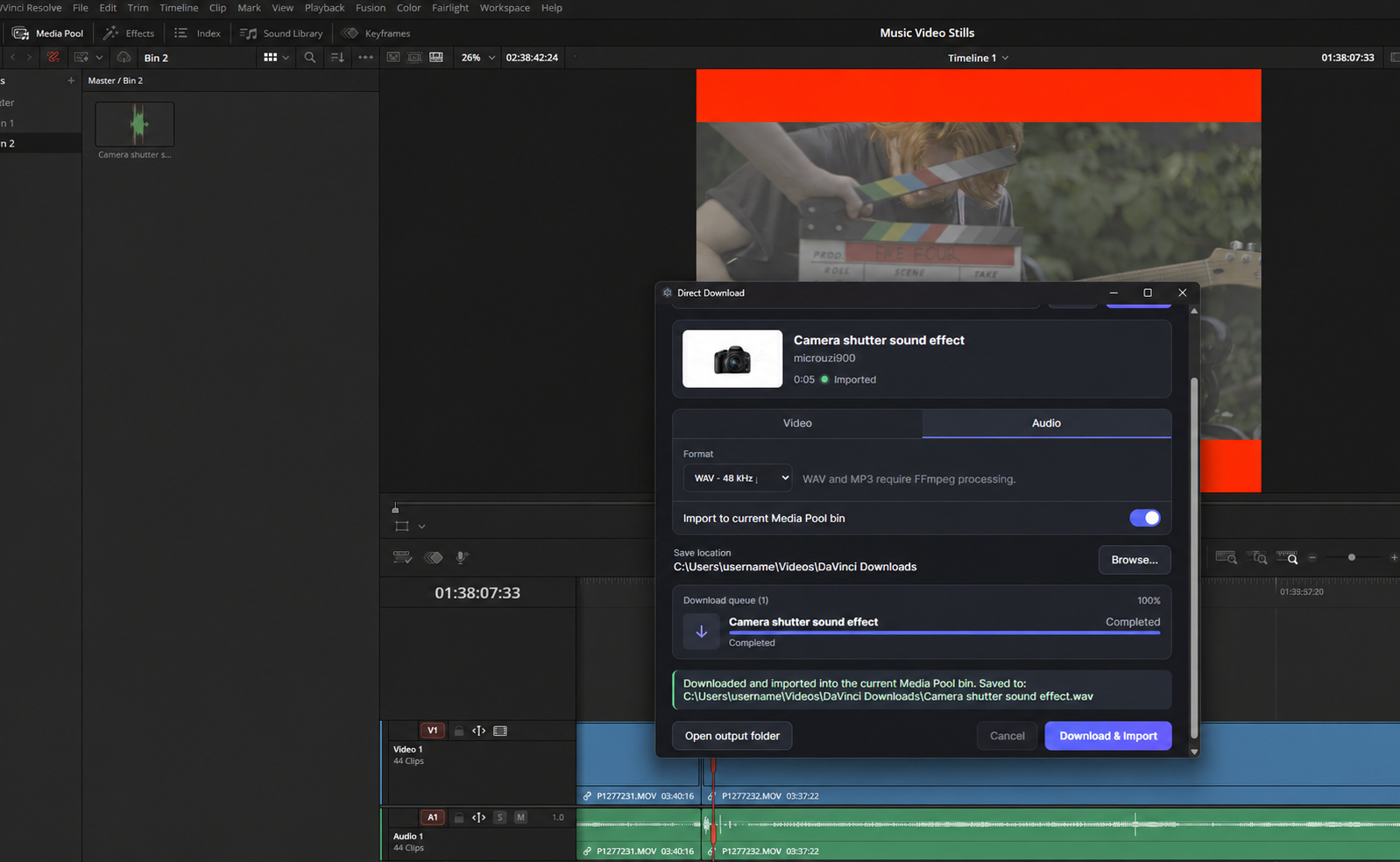 Direct Download open in DaVinci Resolve with a completed import